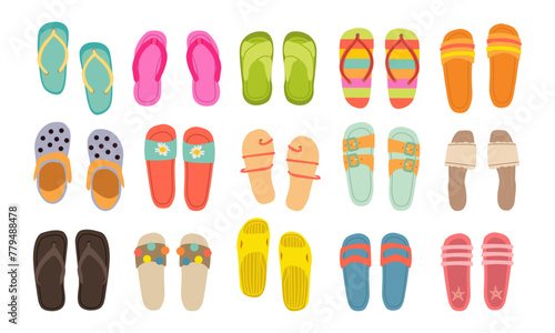 A set of summer flip-flops .Beach summer shoes .Vector illustration isolated on a white background.