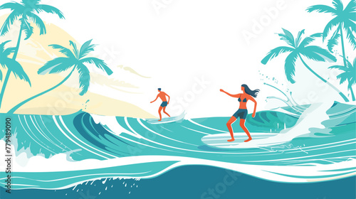Summer seascape with palm trees man woman surfing  © Jasmin
