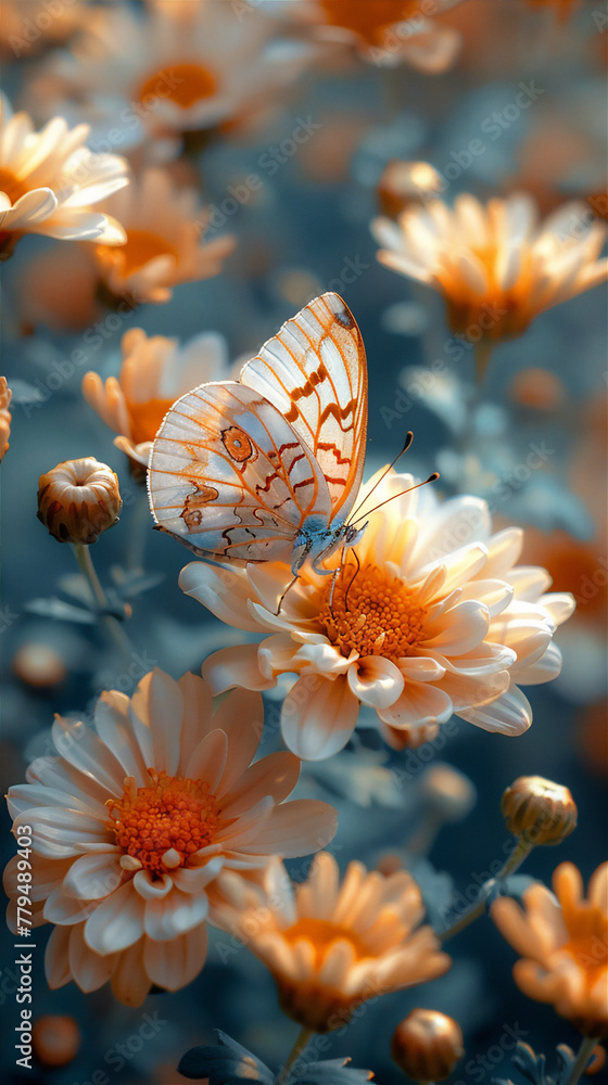 Blossom white chrysanthemum flowers pattern with white butterfly in garden Blossom white chrysanthemum flowers pattern with white butterfly in garden