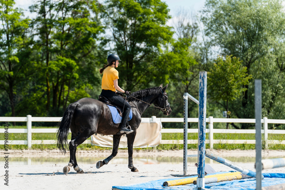 Trainer riding black horse at ranch on sunny day Trainer riding black horse at ranch on sunny day