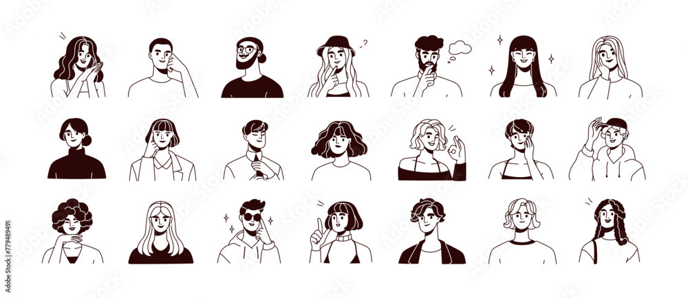 Obraz premium People avatars set. Young smiling male and female characters, head portraits in outlined lineart style. Happy men and women, user profiles. Flat vector illustration isolated on white background
