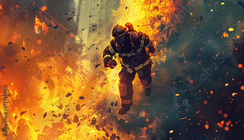 Icon of a firefighter rushing to extinguish a blazing fire when suddenly a portion of the buildin Generative AI photo