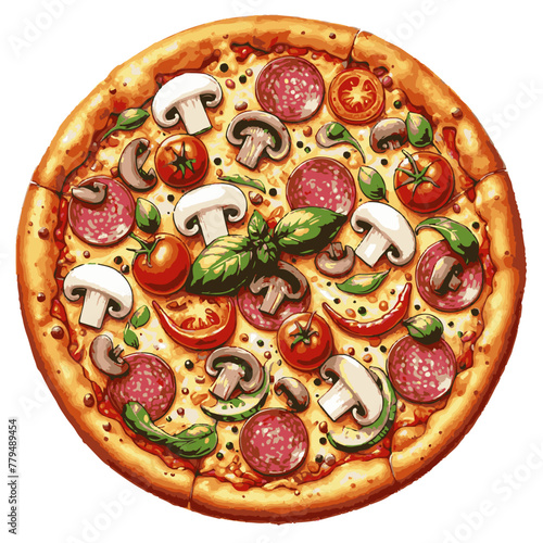 Delicious pizza with salami, cheese, mushrooms, tomato, capers, pepperoni for your design. Vector illustration.