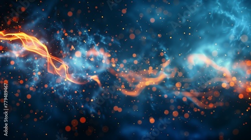 Energetic abstract with fiery streaks in a cool blue setting. The image depicts dynamic orange flames and sparks over a tranquil blue backdrop, embodying a blend of heat and calm. photo