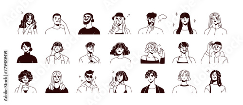 People avatars set. Young smiling male and female characters, head portraits in outlined lineart style. Happy men and women, user profiles. Flat vector illustration isolated on white background