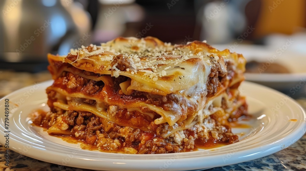 Close up of lasagna bolognese on a white plate