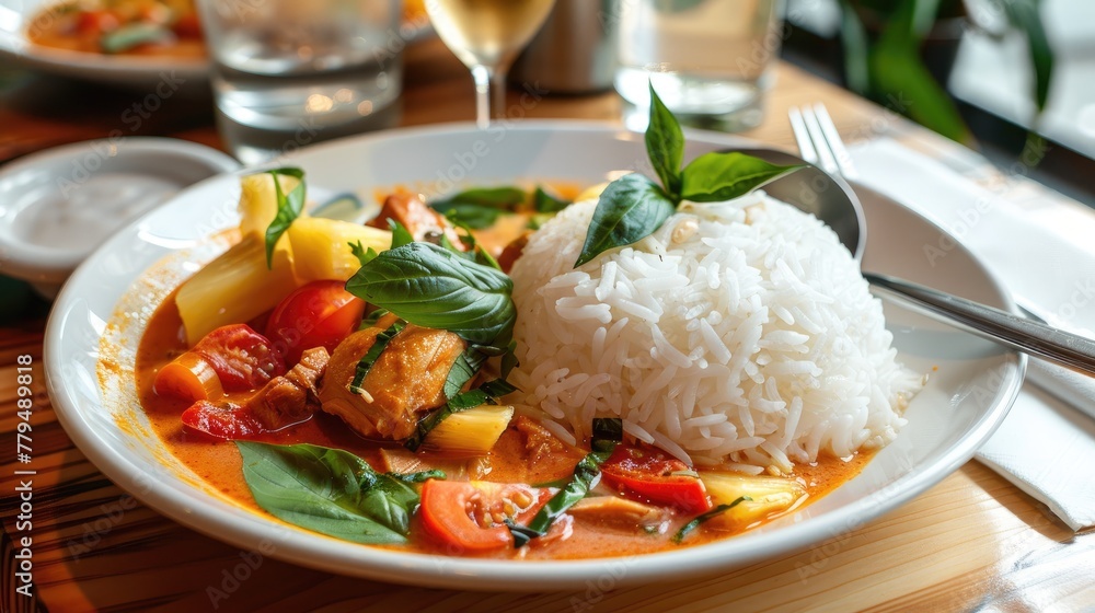Delicious chicken curry with rice on table in restaurant Delicious chicken curry with rice on table in restaurant