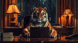 A tiger working with a laptop in front of him, leadership concept.