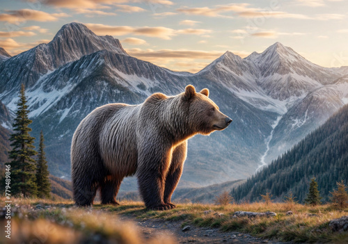 Majestic brown bear in nature looking at the horizon during the sunset.