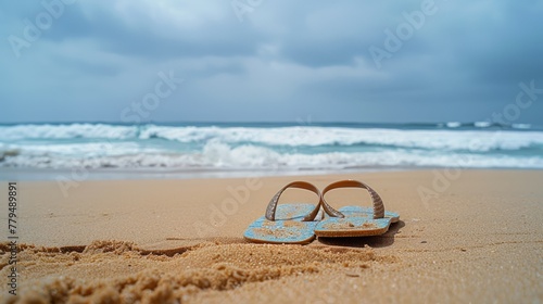 Flip flops on the beach with stormy sea background.