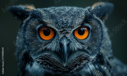 A close up of an Eastern Screech owls head with striking orange eyes staring directly at the camera, showcasing its grey feathers, beak, and beautifully colored iris