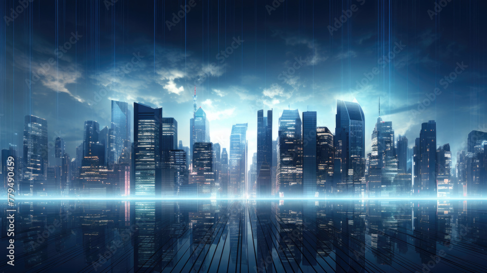 Night modern metropolis with skyscrapers reflected in the water. Abstract image of futuristic big city