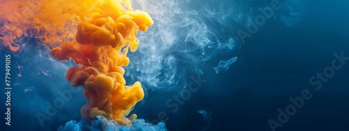 an unconventional advertisement for ink softener with gradient running yellow from top right side until light blue ink isolated on right side ink steam on dark blue background photo