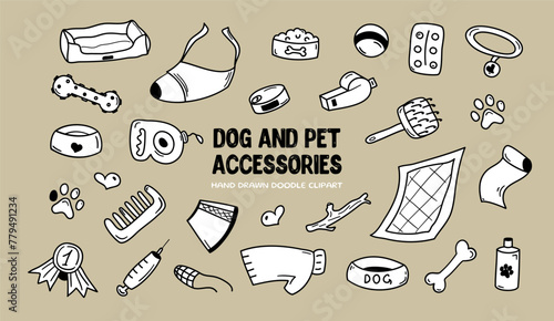 Doodle dog and pet accessories. Vector hand drawn illustration of cat and puppy care. Food, vet, toy, collar, paw, bed, bone etc
