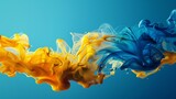 an unconventional advertisement for ink softener with gradient running yellow from top right side until light blue ink isolated on right side ink steam on dark blue background