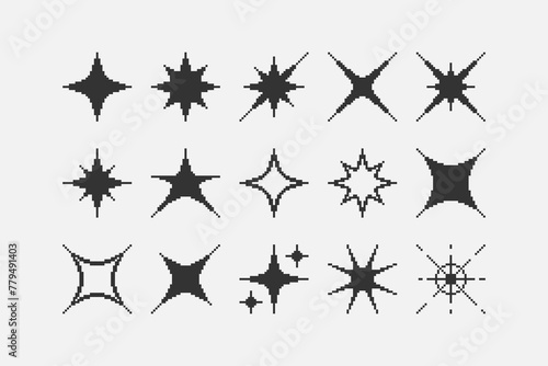 black and white simple flat 1bit vector pixel art set of different stylizations of star and sparkle icons. shine effect signs