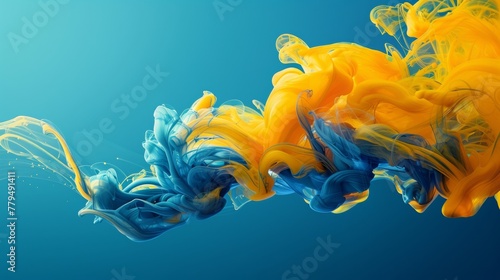 an unconventional advertisement for ink softener with gradient running yellow from top right side until light blue ink isolated on right side ink steam on dark blue background