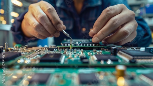 A factory worker testing a circuit board. The worker is using a variety of test equipment to ensure that the board is working properly. The worker is careful and meticulous