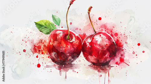 watercolor illustration of fruit cherry on the white background