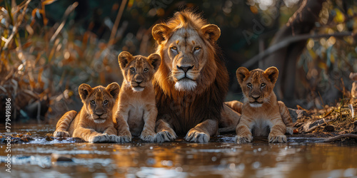  A male lion with his cubs in the river. Created with Ai