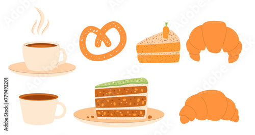 Bakery confectionery shop set. Croissant, bagel and cake slices with coffee cups isolated on white background. Vector hand drawn illustration.