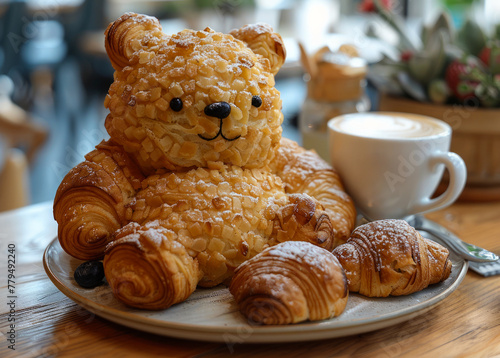 Delicious bear-shaped cake and croissants on the table