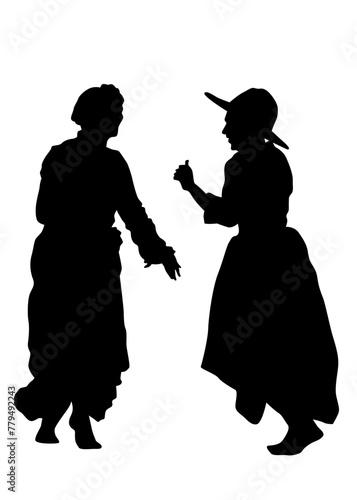 Women dancing folk country music. Isolated silhouette on whit background