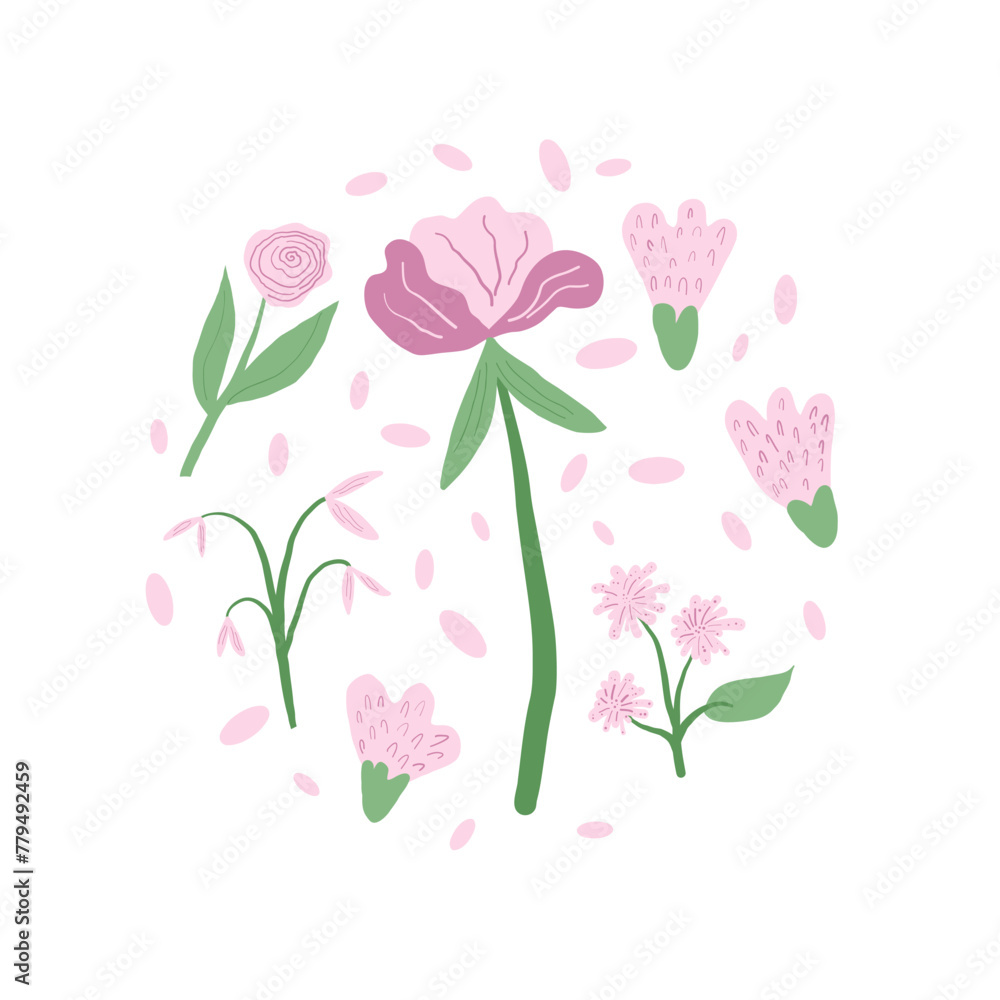 Hand drawn flowers round composition. Botanical nature spring elements circle emblem in doodle style. Vector illustration