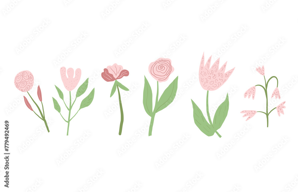 Hand drawn doodle flowers set. Botanical various nature spring elements. Modern abstract floral, geometric and leaves shapes. Vector illustration for summer flat design