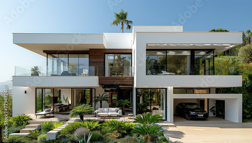 Modern luxury villa in the style of modern minimalism, white walls with black frames and glass windows overlooking Marbella's golf course. Created with Ai © Artistic Assets
