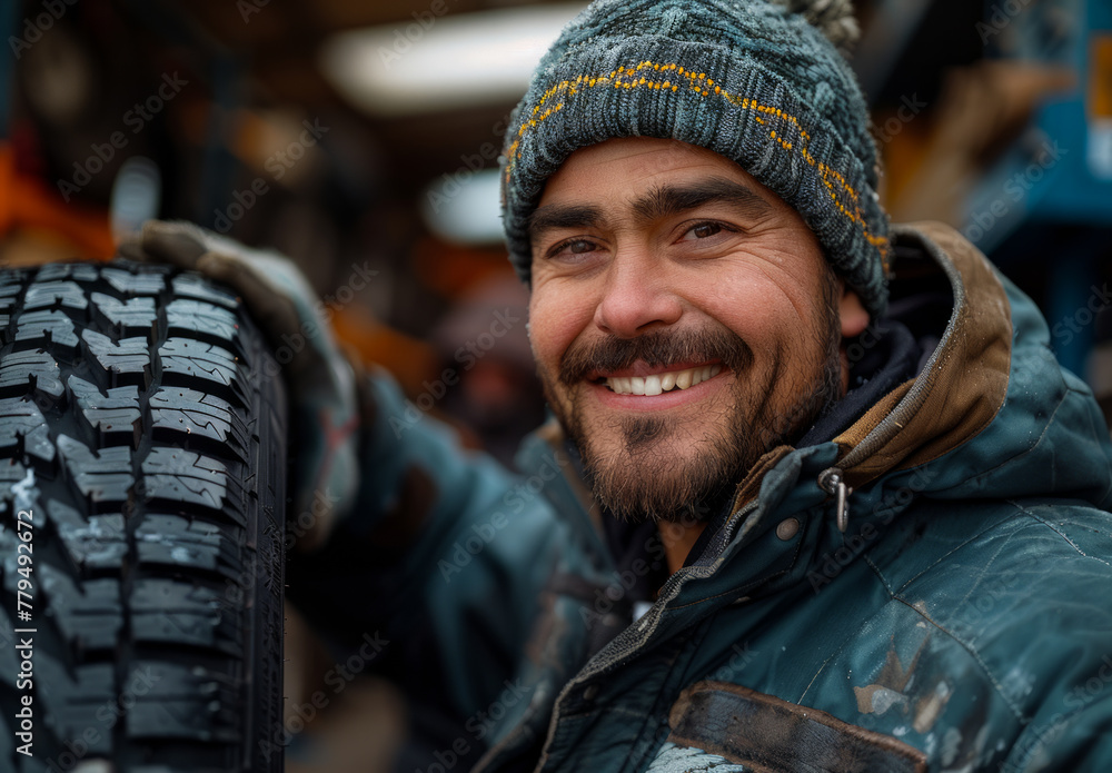 Fototapeta premium Man smiles while holding tire.