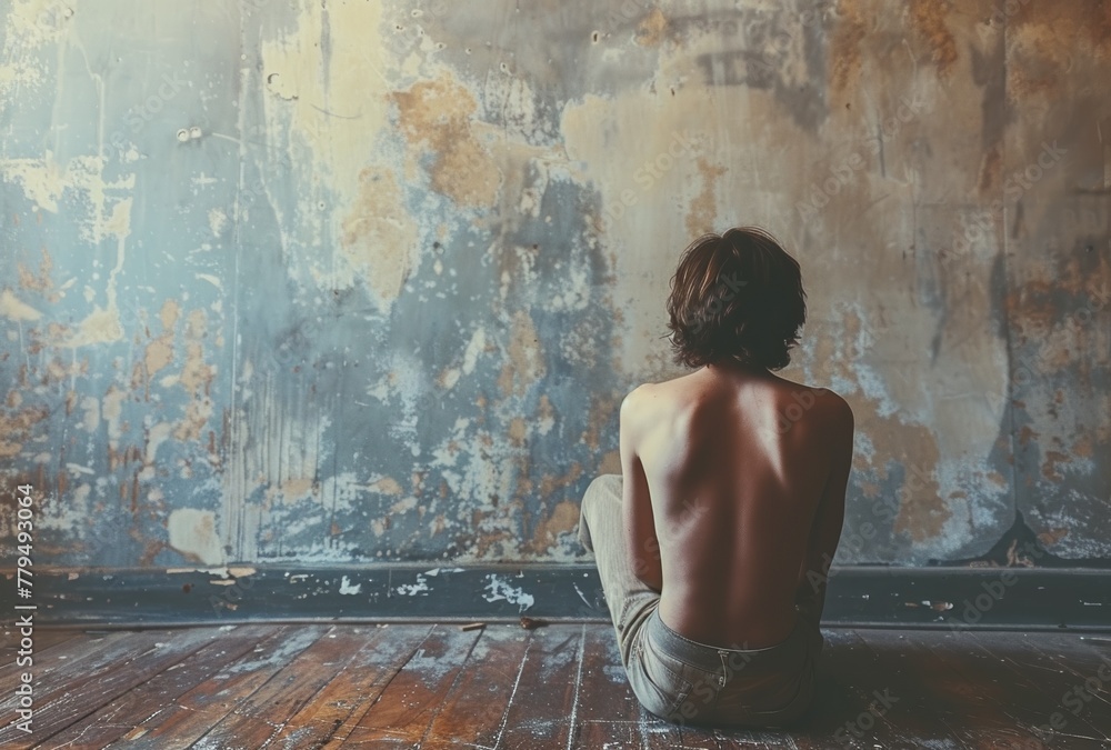 A young man sits against a wall, consumed by loneliness, sadness, and the weight of emotion A young man sits against a wall, consumed by loneliness, sadness, and the weight of emotion