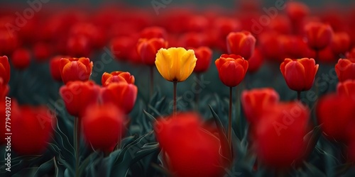 A single vibrant yellow tulip blooms, standing out in a colorful meadow on a bright spring day #779493027