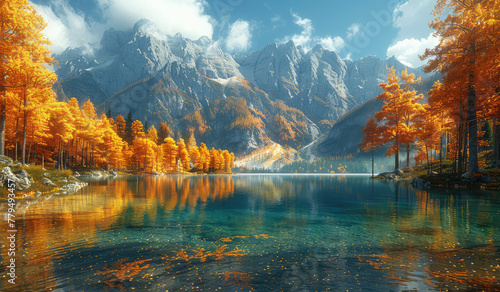 A breathtaking autumn landscape featuring towering mountains, lush forests of orange and yellow leaves, and crystal clear waters reflecting the vibrant colors. Created with Ai
