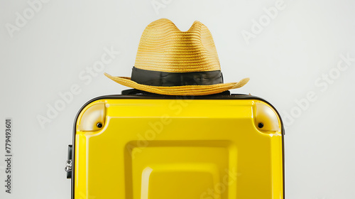 A travel luggage holds a hat in it, Realistic photo, stock photography, isolated on white background