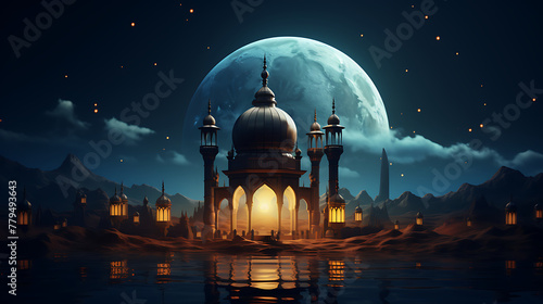 Lanterns stands in the desert at night sky, lantern islamic Mosque photo