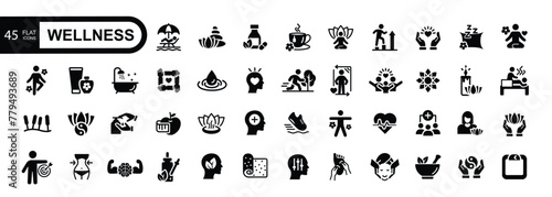 Wellness web icon set Relaxation, spa, sleep, yoga, health, lifestyle, spiritual practice, meditation, collection. Vector illustration.