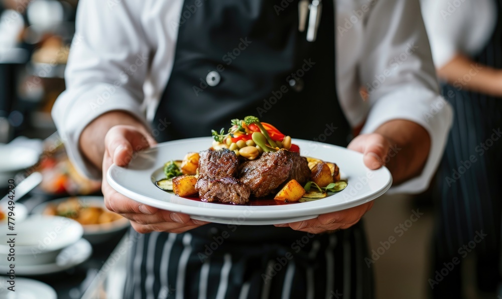 © Filip - Waiter carry plate with steak meat or fresh dish on wedding ceremony. banner. © Filip - Waiter carry plate with steak meat or fresh dish on wedding ceremony. banner.