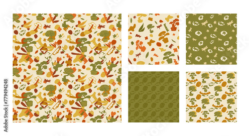 Bonsai trees seamless patterns collection. Plant on pot with leaves and collage shape of ripped papers silhouettes repeat background set. Vector hand drawn flat illustration.