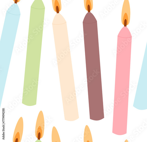 Burning birthday cake candles seamless pattern. Holiday endless background. Anniversary cover. Vector illustration.