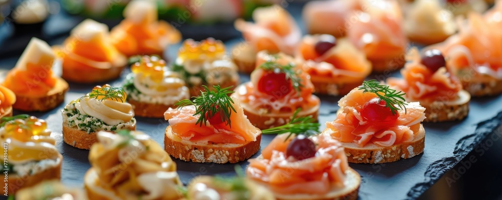 Salmon canapes on the festive banquet detail. Festive Buffet banner. Salmon canapes on the festive banquet detail. Festive Buffet banner.