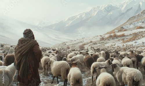 large flock of cashmere sheep in himalaya mountains. A herd of sheep on pastures photo