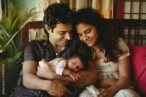 Happy young indian family with dad, mom and newborn baby at home sitting on sofa