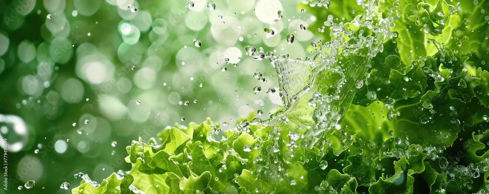 Splash of water with gree healthy vegetable in wide banner. Leaf lettuce and water on green background Splash of water with gree healthy vegetable in wide banner. Leaf lettuce and water on green background