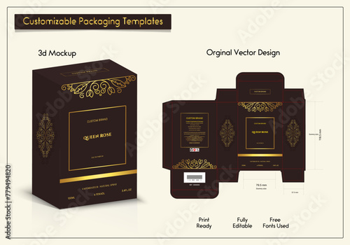 package box die cut with 3d mockup design elements, labels, icons, frames, for packaging, and design of luxury products. for perfume, Isolated on a Black and Gold background. vector illustration.