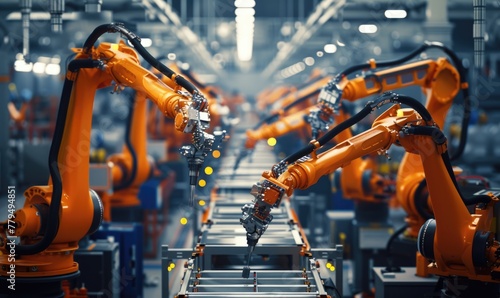Automated robot arm assembly car parts at line in an automotive factory. Cars production line with robotic arms welding parts together