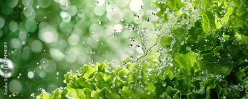 Splash of water with gree healthy vegetable in wide banner. Leaf lettuce and water on green background photo
