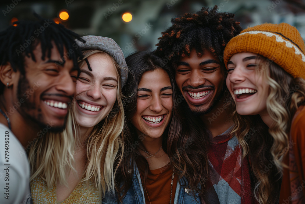 Group of friends of different ethnicities smiling together, celebrating their friendship.