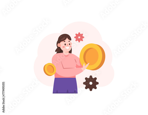 as financial manager, accountant and treasurer. managing company or business finances. budget planning. holding coins. female staff, workers or employees. profession or job. illustration concept 