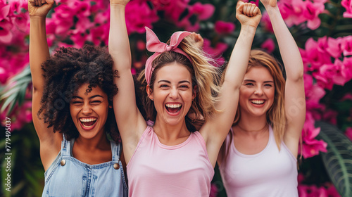 Group of girls of different ethnicities smiling together with their arms raised, celebrating their friendship. photo